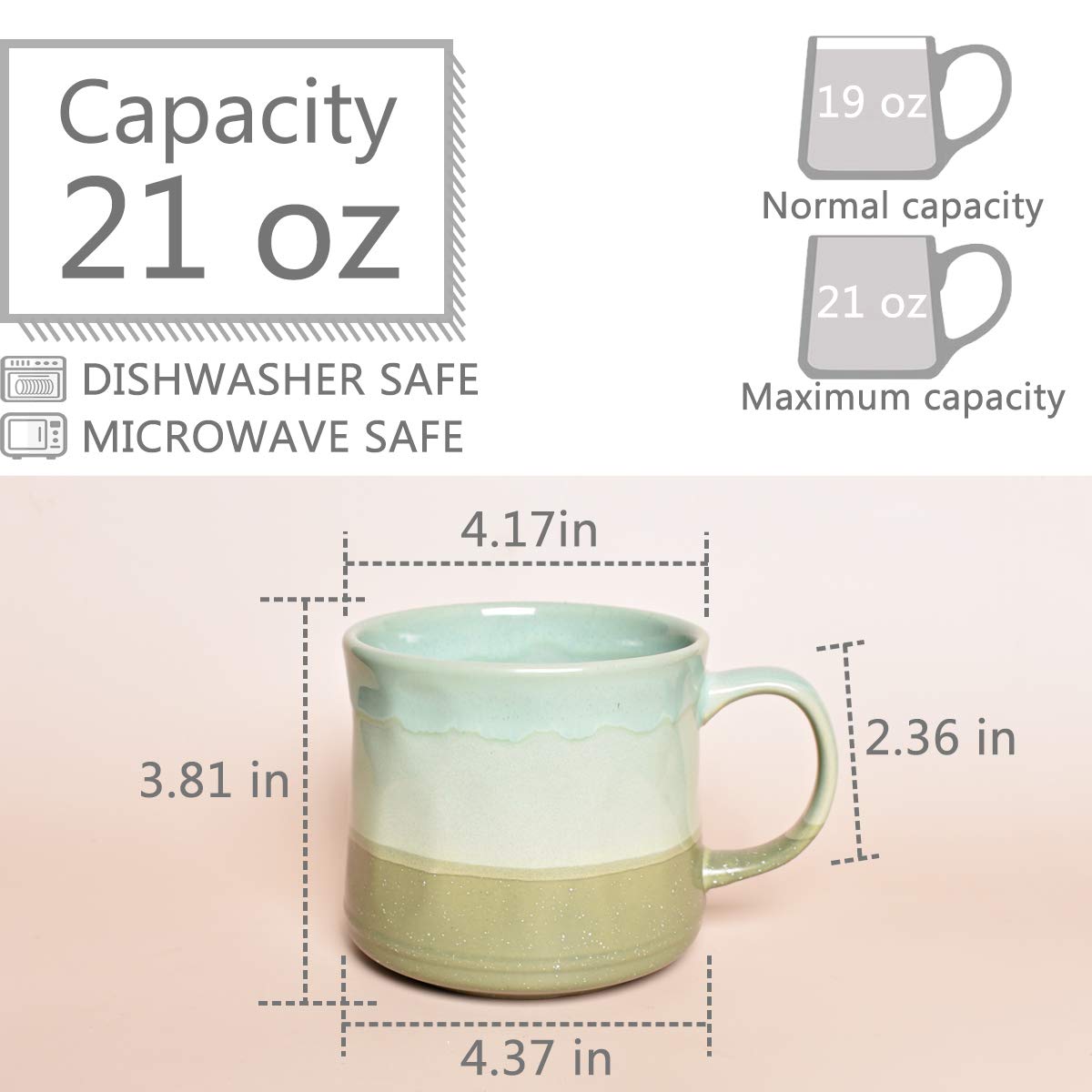 Bosmarlin Large ceramic coffee Mug, Big Tea cup, 7 colors to choose, 21 Oz, Dishwasher and Microwave Safe, 1 PcS (green)