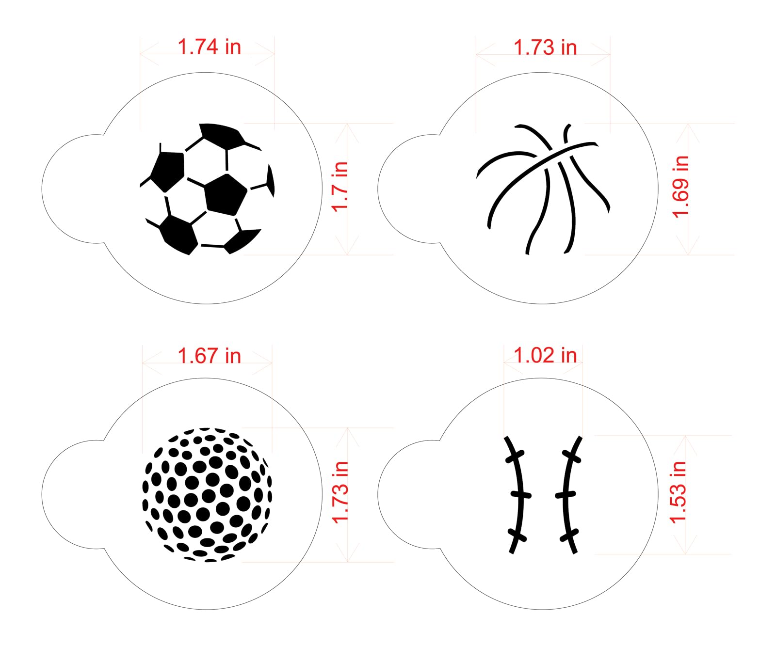 Designer Stencils Small Sports Ball Cupcake And Cookie Stencils (Basketball - Golf - Soccer - Baseball), Beige/Semi-Transparent