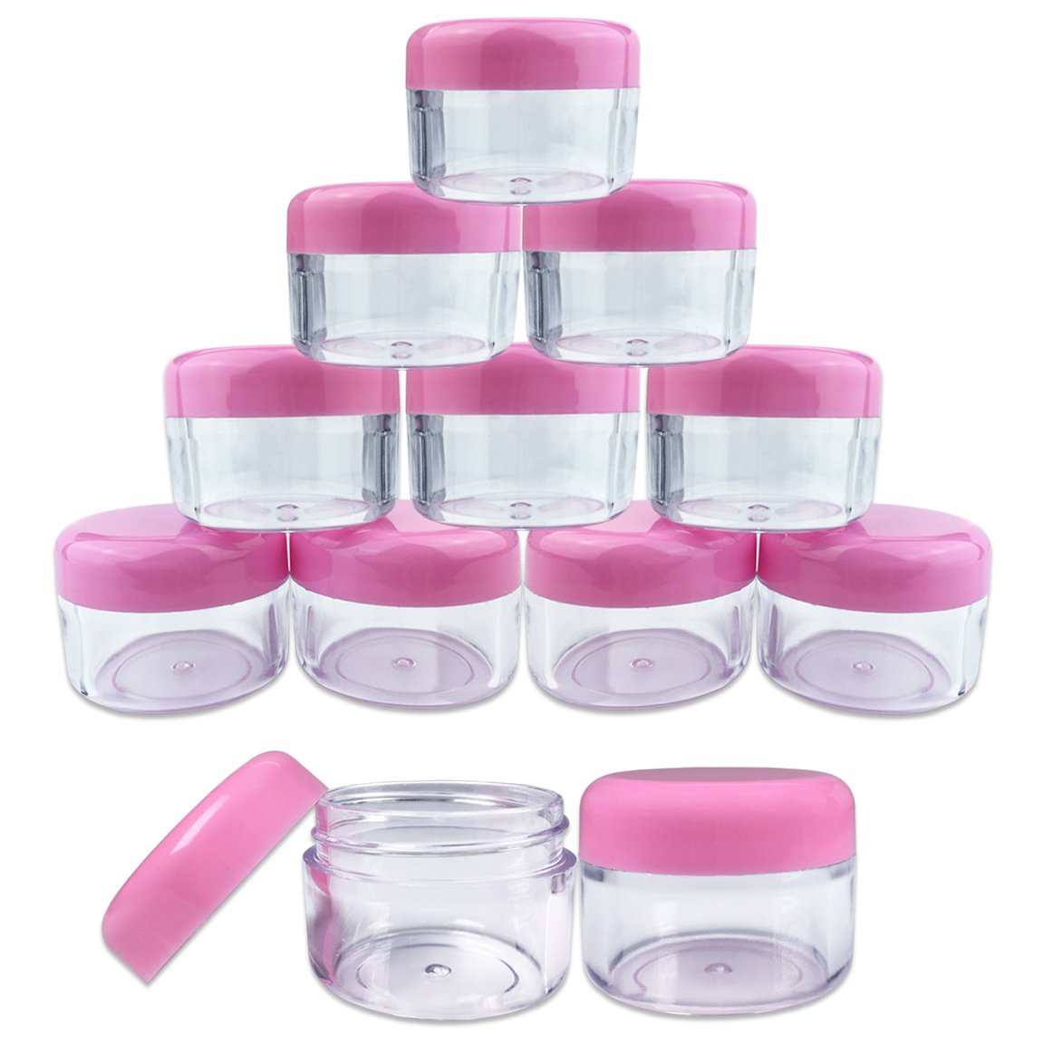 Beauticom 12 Pieces, 30 Gram 30 Ml (1 Ounce) Round Clear Refillable Empty Plastic Jars With Pink Screw Cap Lids For Storing Loos