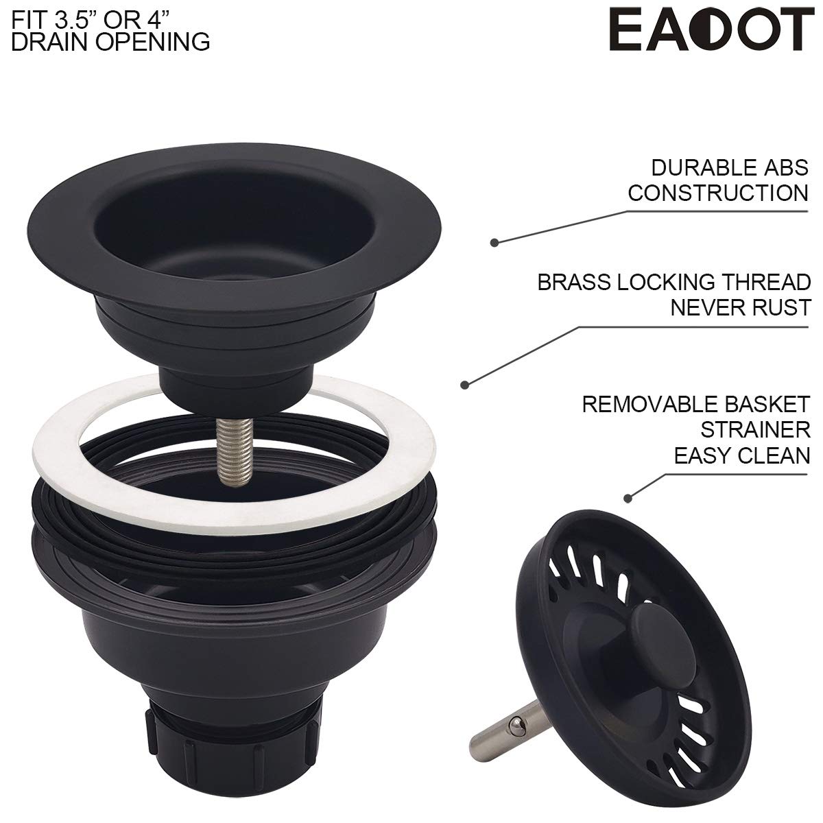 Eadot 3-1/2 Inch Polymer Black Kitchen Sink Drain Assembly With Basket Strainer And Stopper, Kitchen Drain Basket Strainer For G