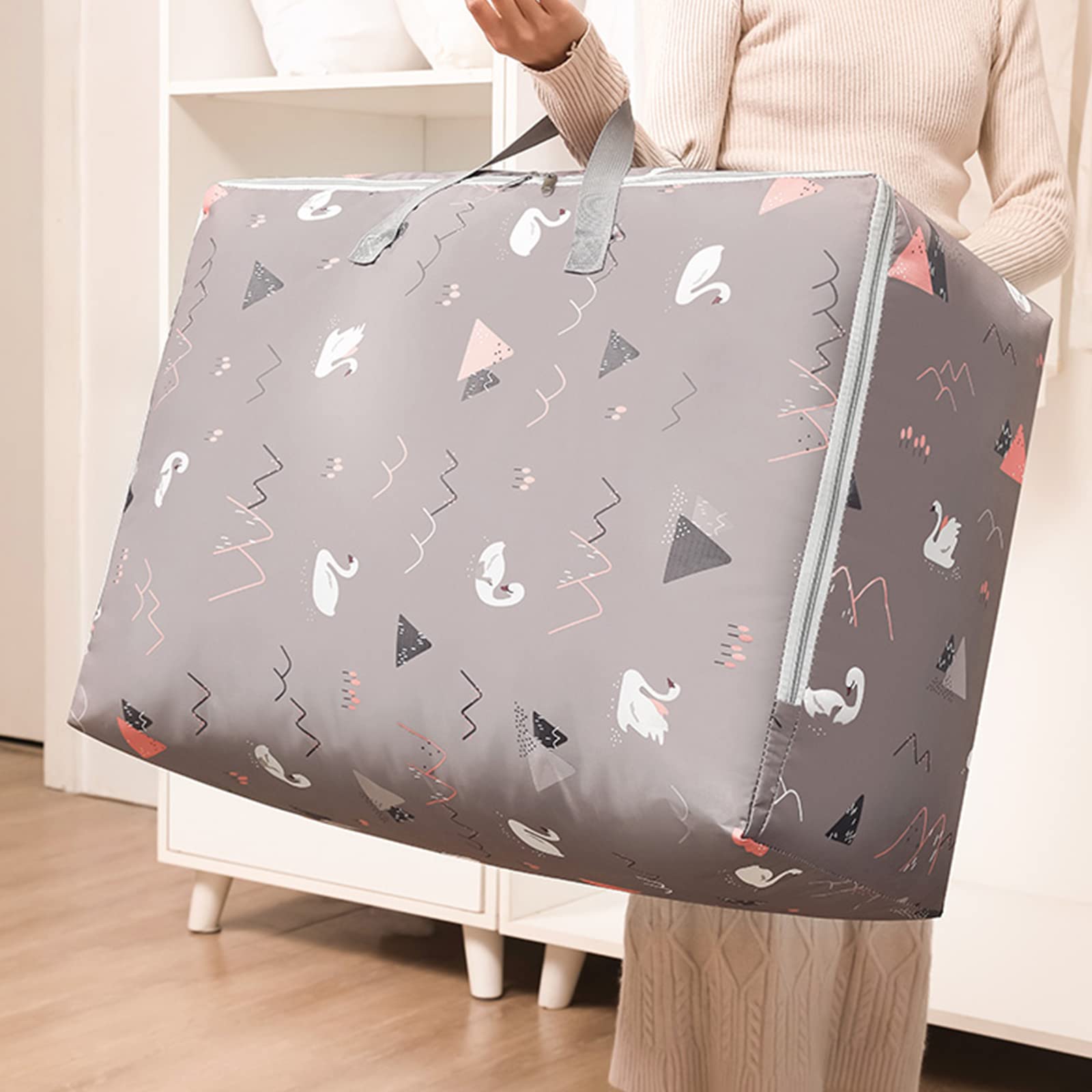 Wolpin Non-Woven Extra Large Size Underbed Storage Bag Waterproof (58 X 40 X 23 Cm) - Zippered Closure & Handle Swan Print, Rect