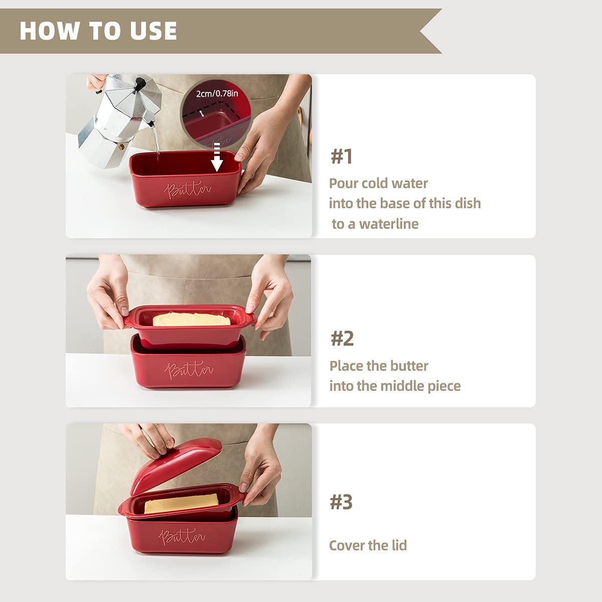 FE Butter Dish  10 oz Ceramic Butter Keeper with Water Line  French Butter Dish with Lid for Countertop (Apple Red)