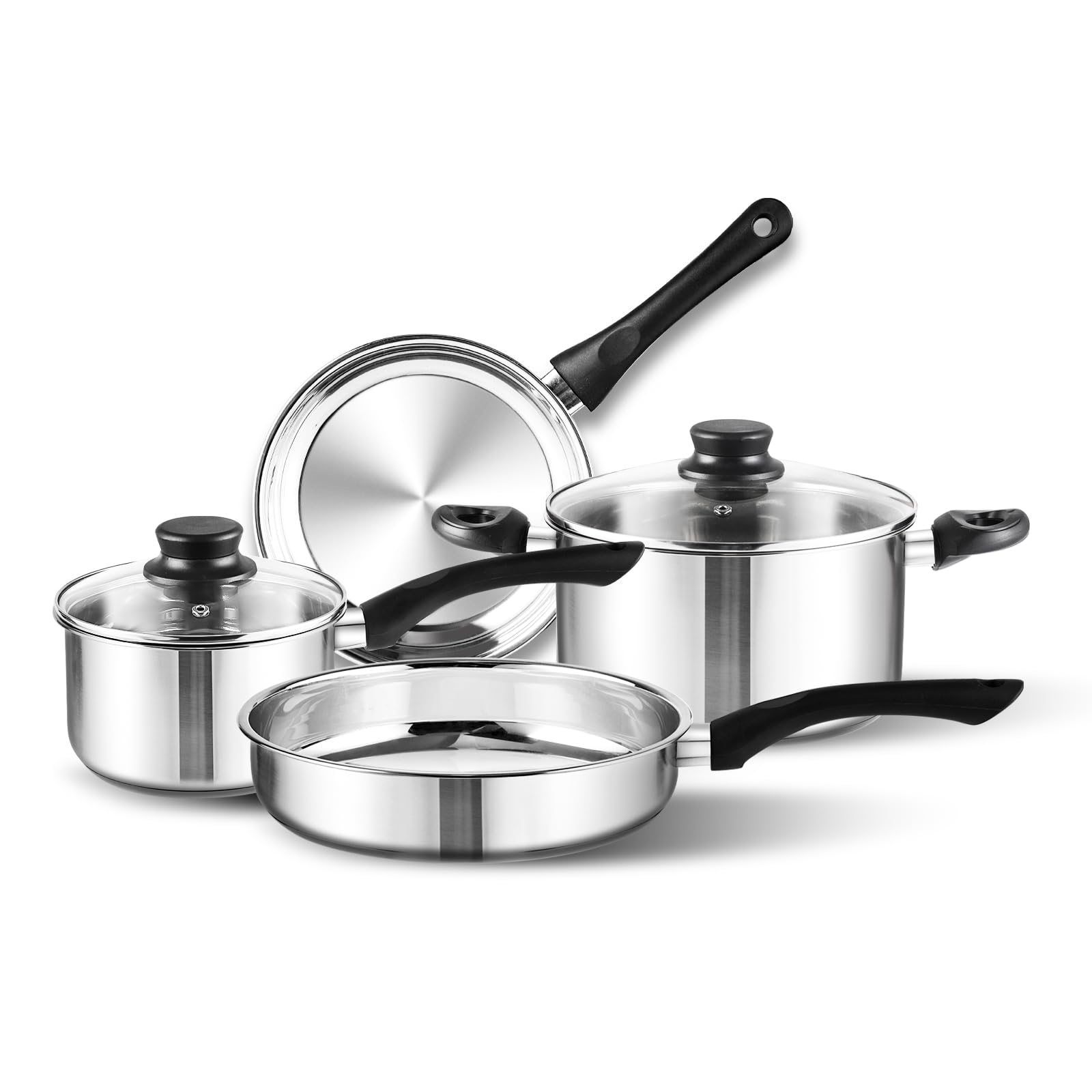 Fuexmotco 6Piece Stainless Steel Cookware Set with Glass Lids, StayCool Handles | Fry Pan, Saucepan, Sauce Pots | Compatible w