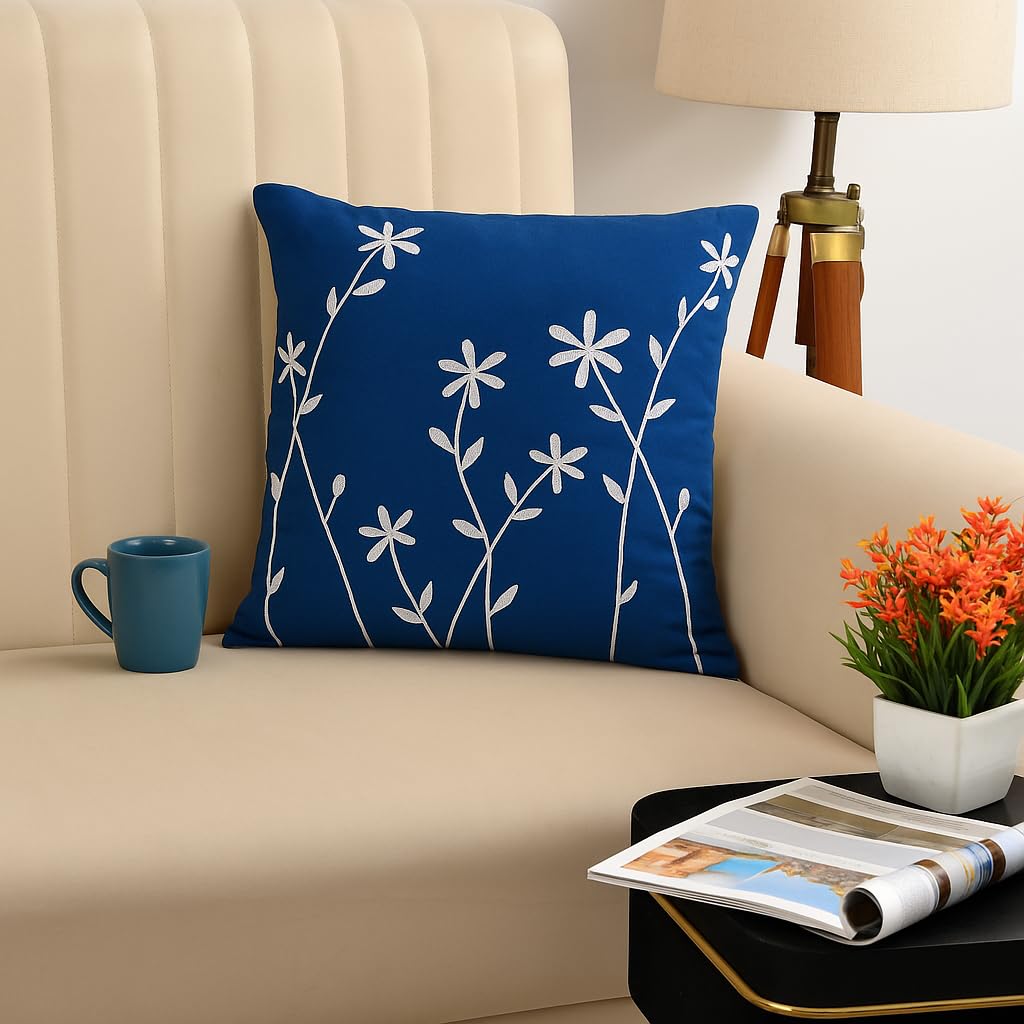 Wisdom Decor Sofa Cushion Cover Cotton For Living Room Couch Soft Pillow Cover (Royal Blue/White Leaf, 16 X 16)