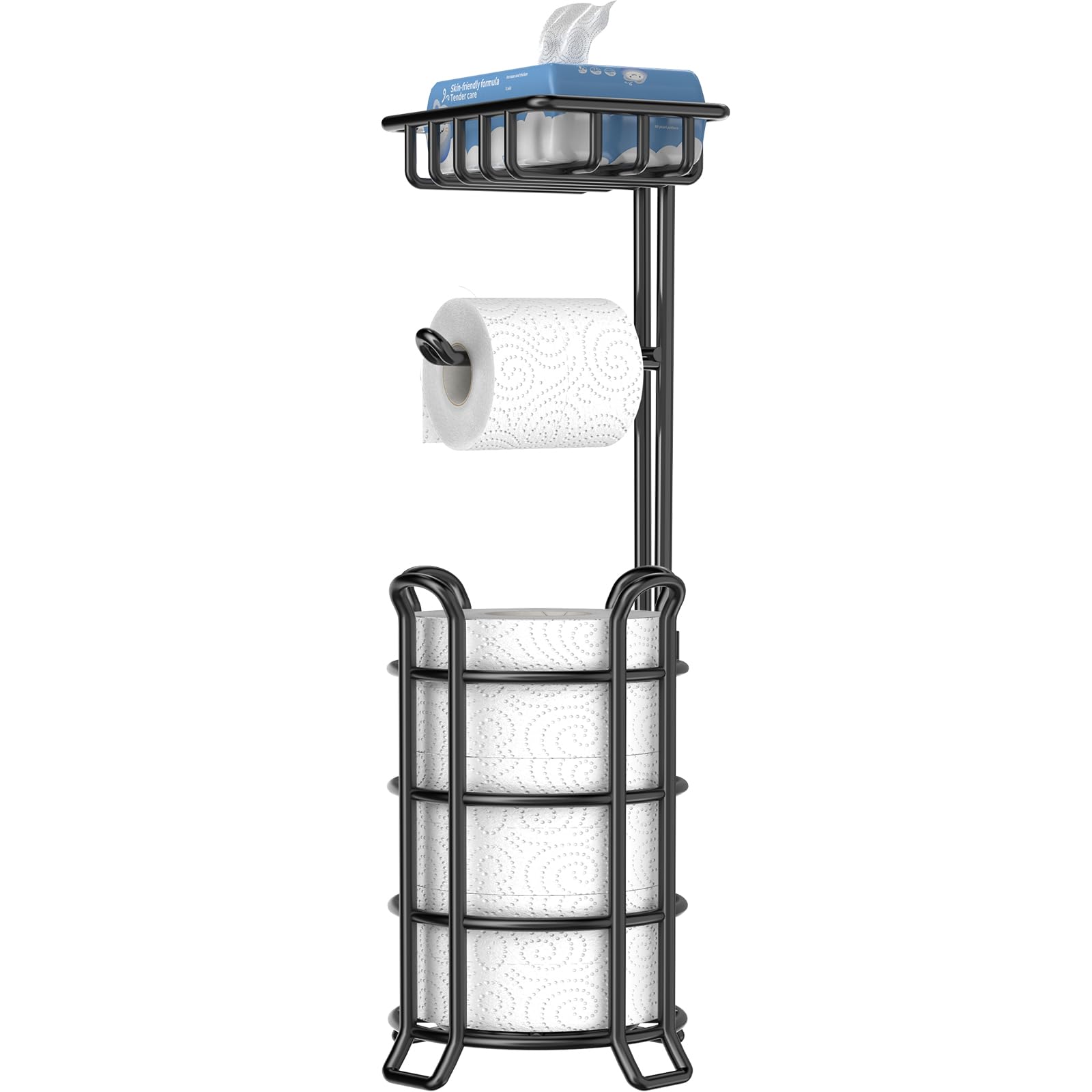 TomCare Toilet Paper Holder Stand with Shelf Free Standing Toilet Paper Roll Holder with Toilet Paper Dispenser Sturdy Metal Tis