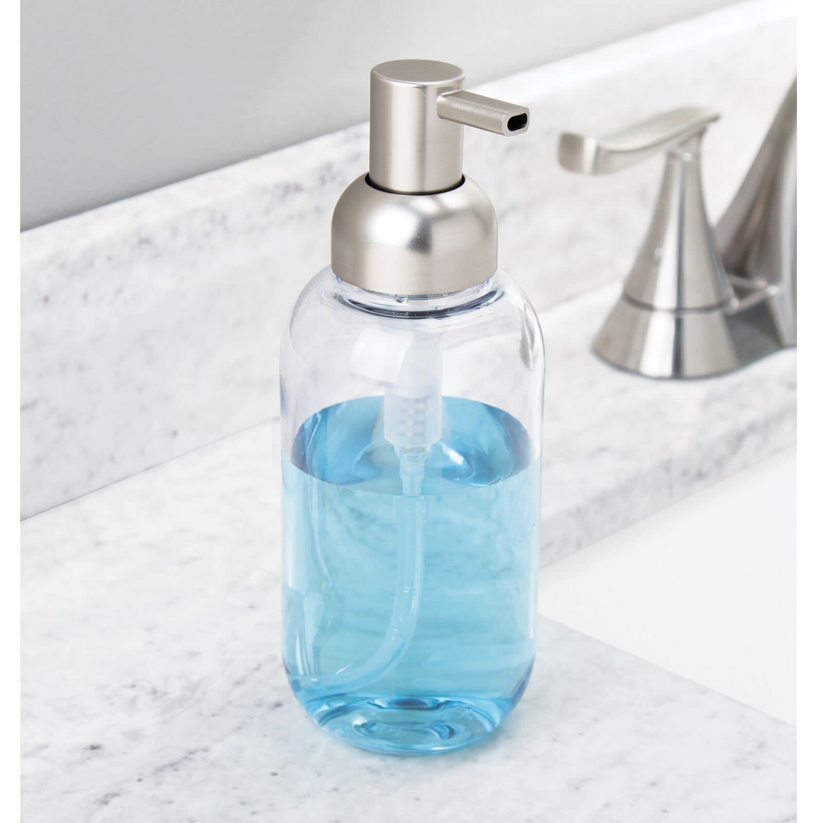 mDesign Round Plastic Refillable Liquid Soap Dispenser Pump Bottle for Bathroom Vanity Countertop, Kitchen Sink - Holds Hand Soa