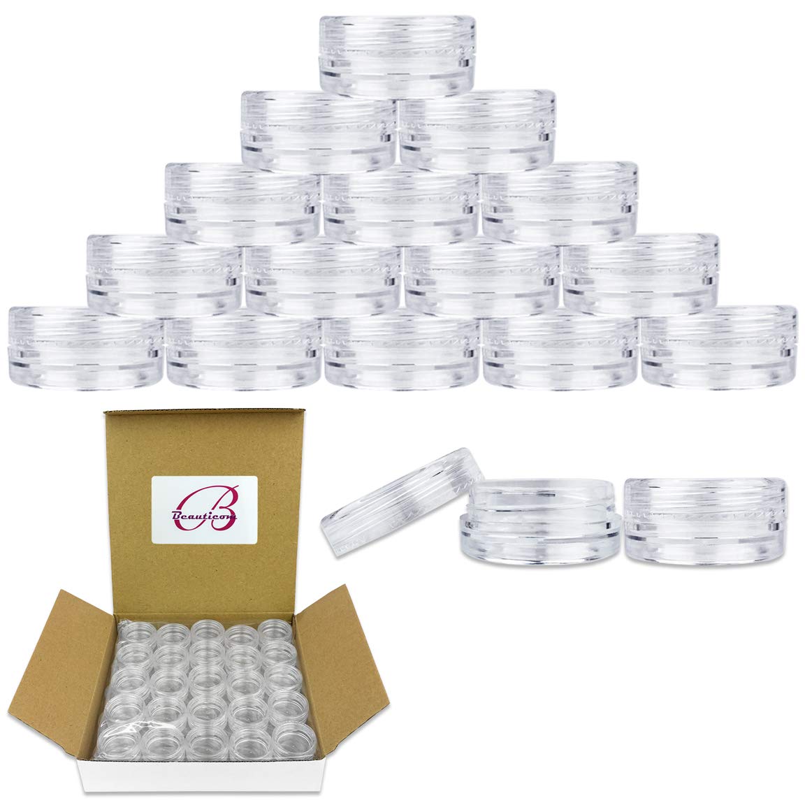 Beauticom 3G/3Ml (0.1 Fl Oz) Round Clear Plastic Jars With Round Top Lids For Creams, Lotions, Powders, Glitters, And More. (Col
