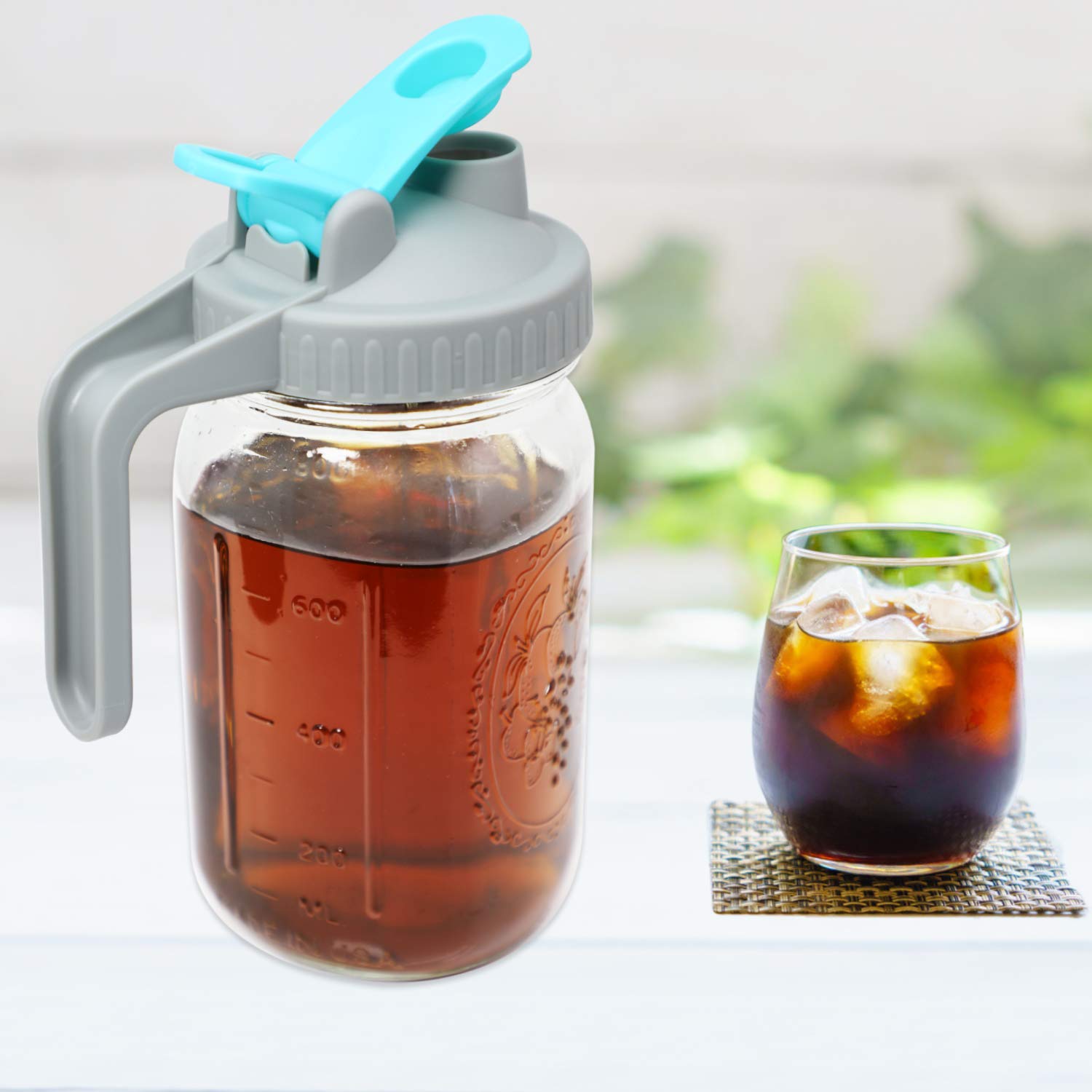 Mason Jar Pitcher 32 Oz Wide Mouth With Handle And Pour Spout Lids, Leak Proof 1 Quart Glass Pitchers With Flip Cap Airtight Wat