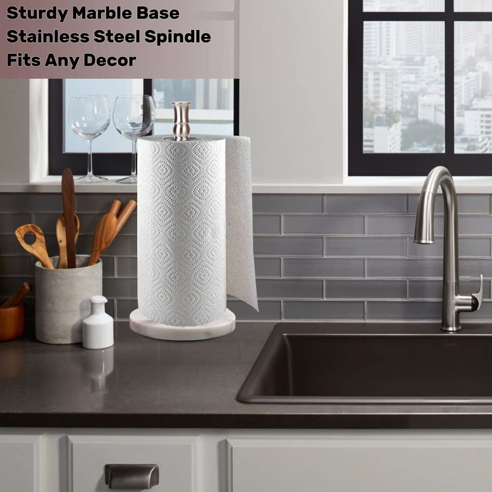 Paper Towel Holder Stand Countertop With Heavy Marble Base, Free Standing Paper Towel Holder (Silver Brushed, Marble Base)