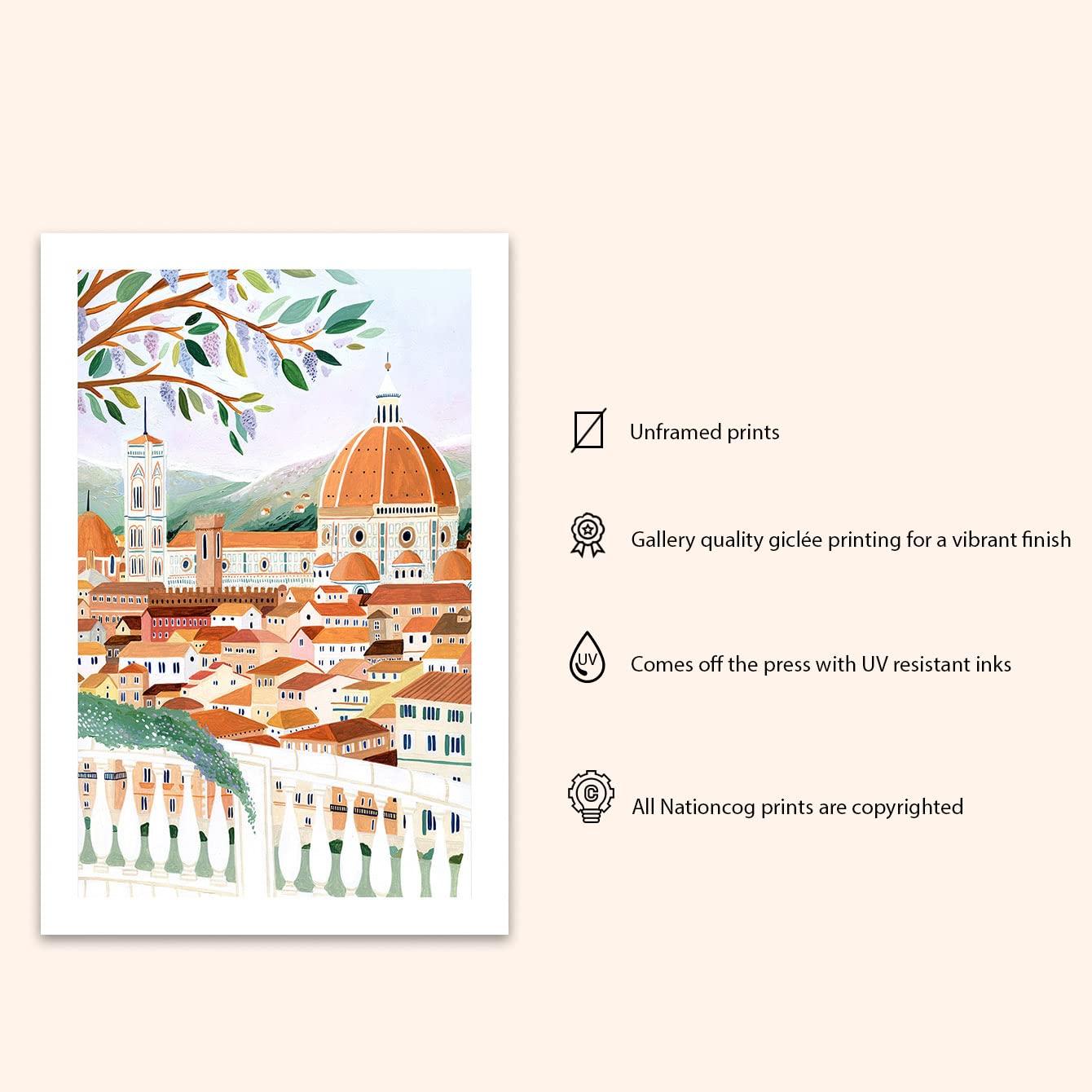 Nationcog Florence Art Print, Santa Maria Del Fiore Cathedral, Italy Wall Art, Travel Gift, Travel Poster, Europe Print, Tuscany