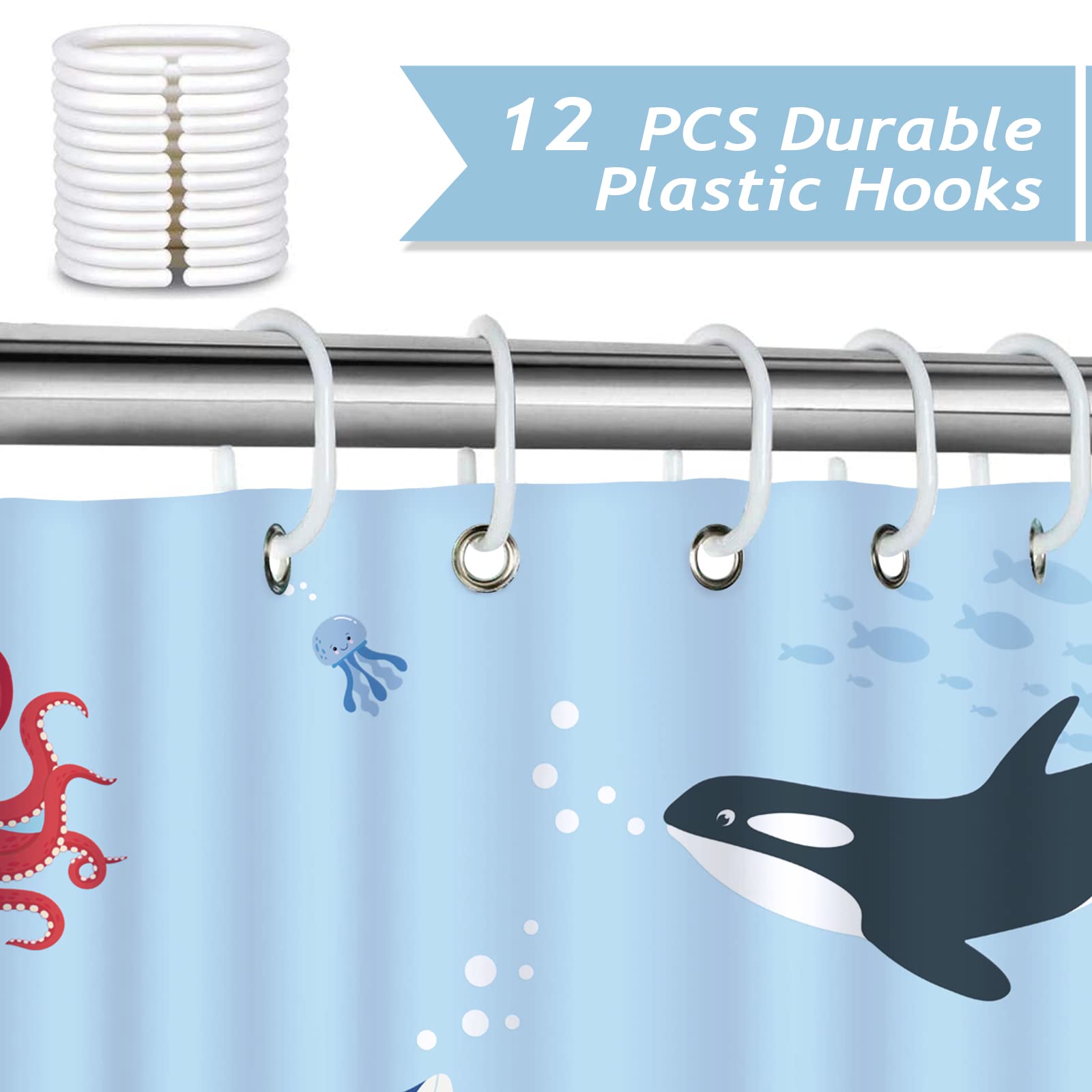 Bonhause Ocean Shower Curtain for Kids Under The Sea Dolphin Fish Blue Decorative Bath Curtain 72 x 72 Inch Polyester Fabric Waterproof Bathroom Curtain with 12 Hooks