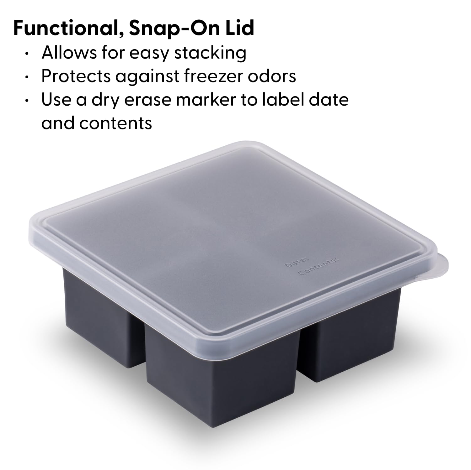 W&P Cup Cubes Silicone Freezer Tray With Lid, Charcoal, Makes 4 Perfect 1-Cup Portions, Freeze & Store Soup, Broth, Sauce, Lefto