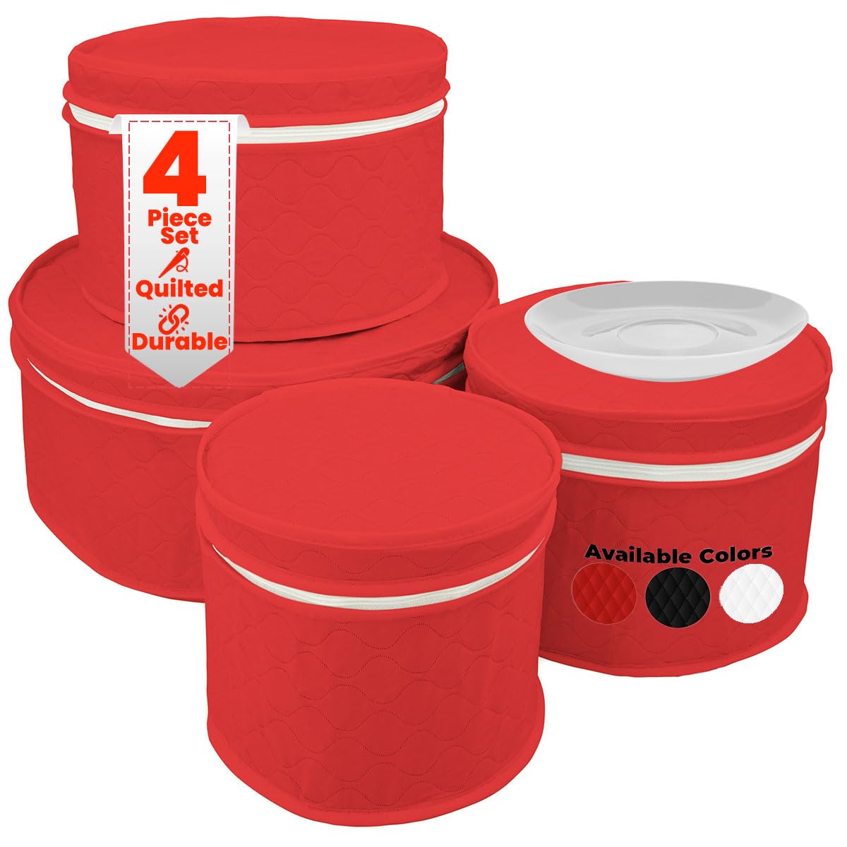 LAMINET 4 Piece Quilted Plate Storage Set - Holds Up to 48 Plates with Padded Inserts - RED