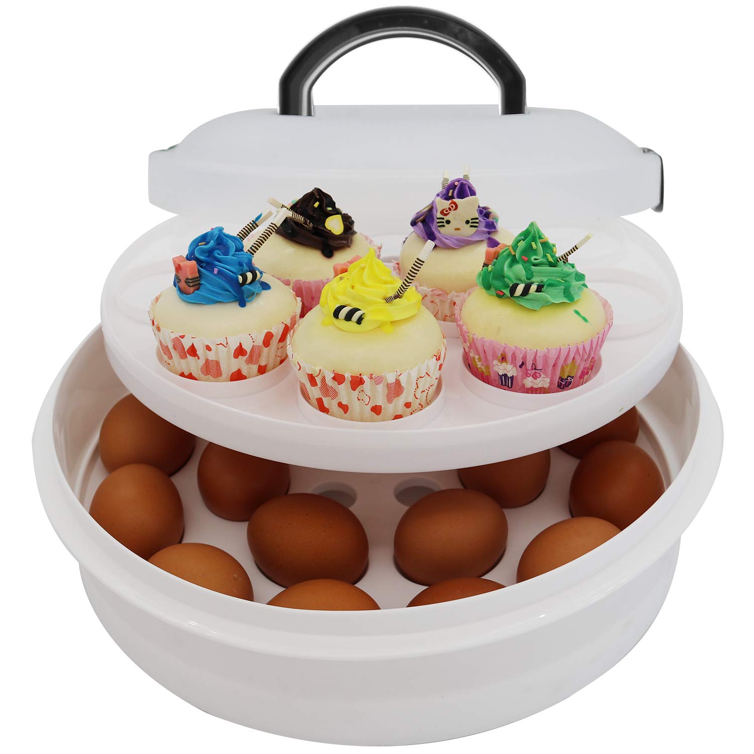 Portable Pie Cupcake Carrier With Lid And Tray 3-In-1 Round Cupcake Container Egg Holder Deviled Egg Tray Muffin Tart Cookie Foo