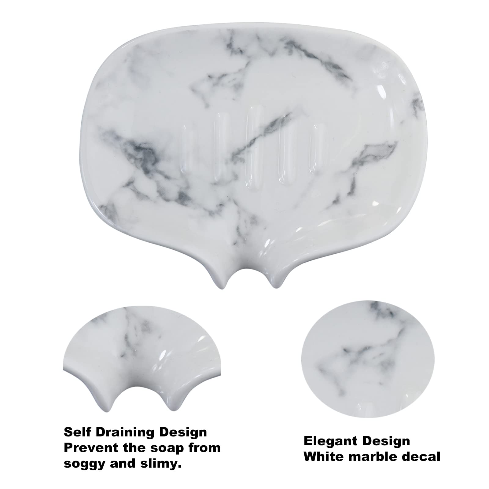 Polyroyal White Marble Texture Soap Dish Ceramic Soap Holder Self Draining Soap Dish Waterfall Slot Sponge Holder Bathroom Accessories for Bathroom  Kitchen Bar Counter.