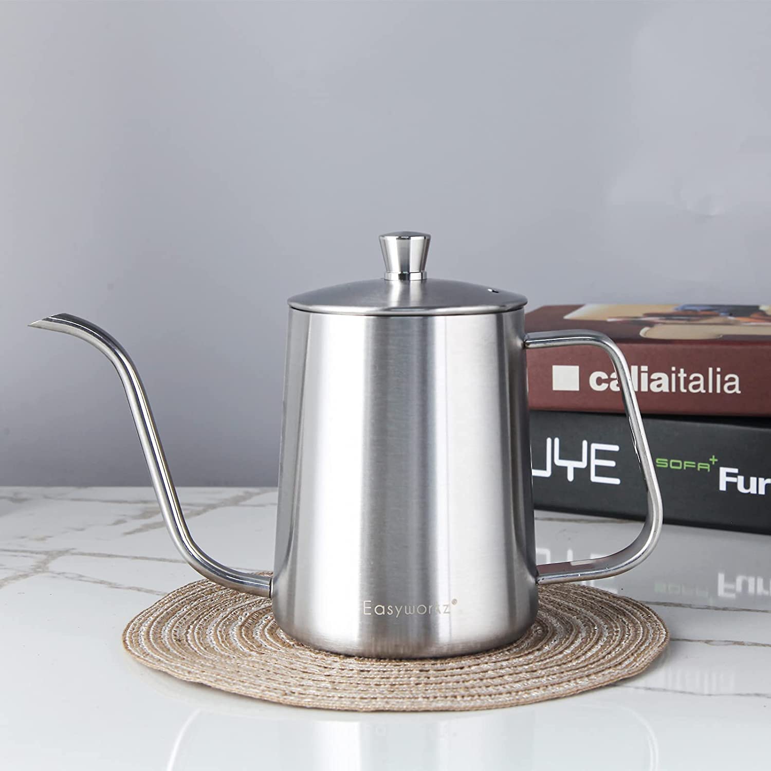 Easyworkz Gage Gooseneck Pour Over Coffee Kettle 20 Oz Stainless Steel Hand Drip Long Narrow Spout, Silver