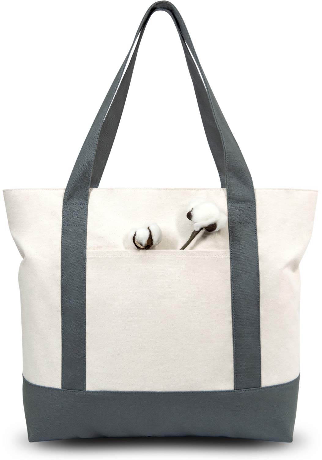 Topdesign Stylish Canvas Tote Bag With An External Pocket, Top Zipper Closure, Daily Essentials (Grey/Natural)