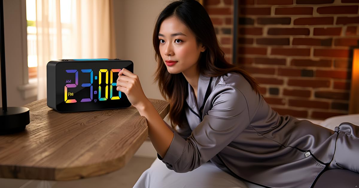 Aerys 9-Inch Digital Alarm Clock, Rgb Color Display, Night Light Dimmer, Usb Ports, Super Loud Alarm For Heavy Sleepers, Table C