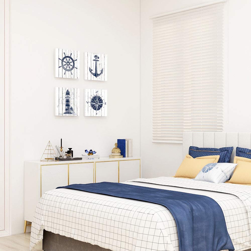 Adecuado Nautical Wall Art Beach Home Decor Boat Anchor Paintings Helm Drawing Compass Lighthouse Rustic Style Pictures Dark Blu