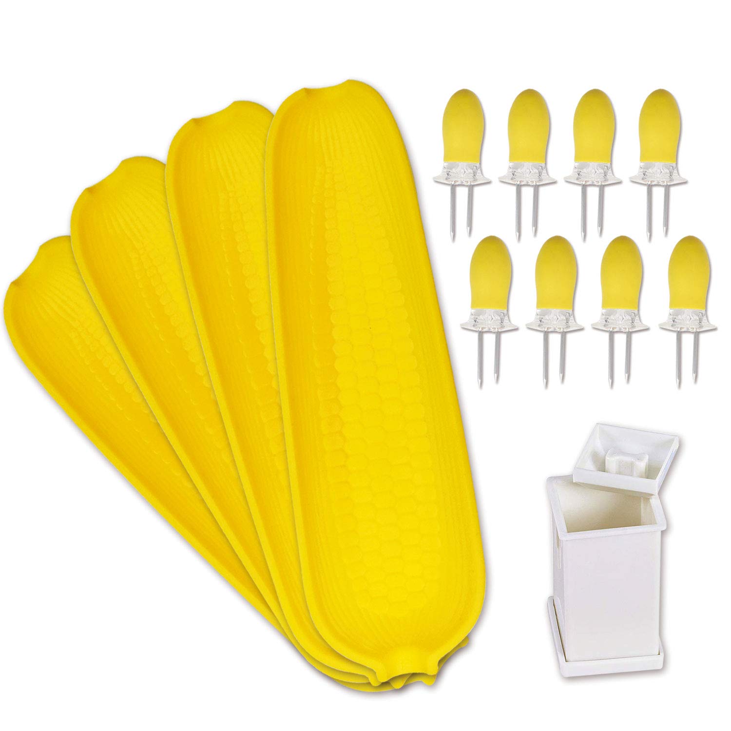 Recoil Corn Cob Holders Skewers Bbq Twin Prong Holders, Corn Dishes And Butter Spreader Set Kits, Includes 8 Corn Cob Holders, 4