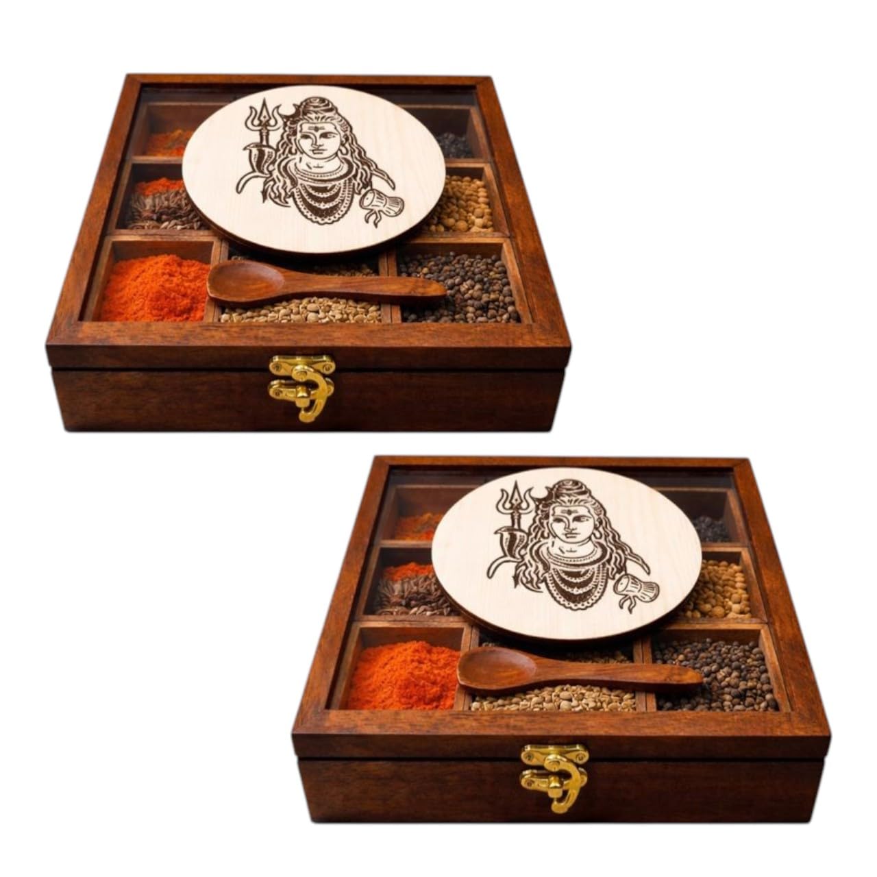 Espoir Bloom Set Of 2 Spice Box With Spoon Wood Masala Dabba Organizer For Kitchen  9 Containers  Decorative Handmade Brown E