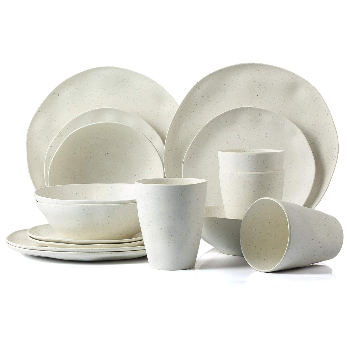 LEKOCH 16 Pcs Wave Serie Reusable White Dinnerware Set Eco-friendly Bamboo Plates and Bowls Camping Set for 4 Person