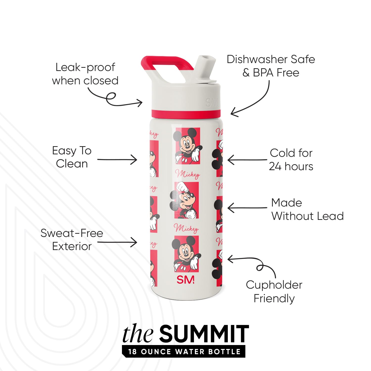 Simple Modern Kids Summit Water Bottle with Straw Lid | Disney Mickey Mouse 18oz Stainless Steel Cup Insulated Tumbler for Boys,