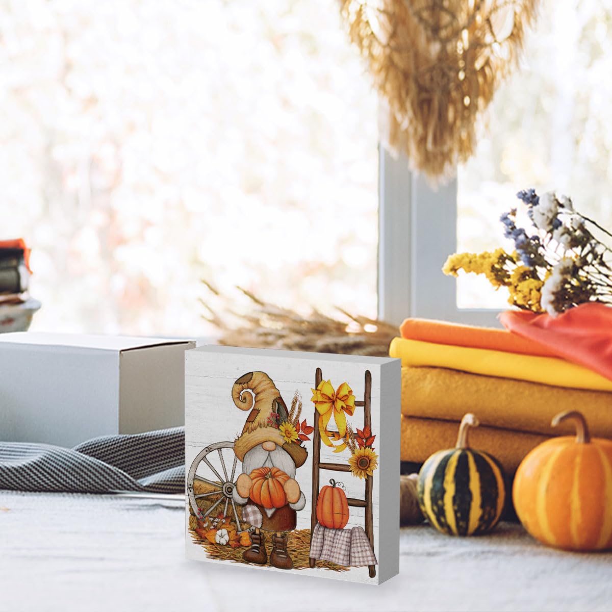 Fall Gnomes Sign Fall Decorations for Home Office Indoor Fall Desk Decor for Bathroom Bedroom Autumn Thansgiving Decor 5 x 5 Inc