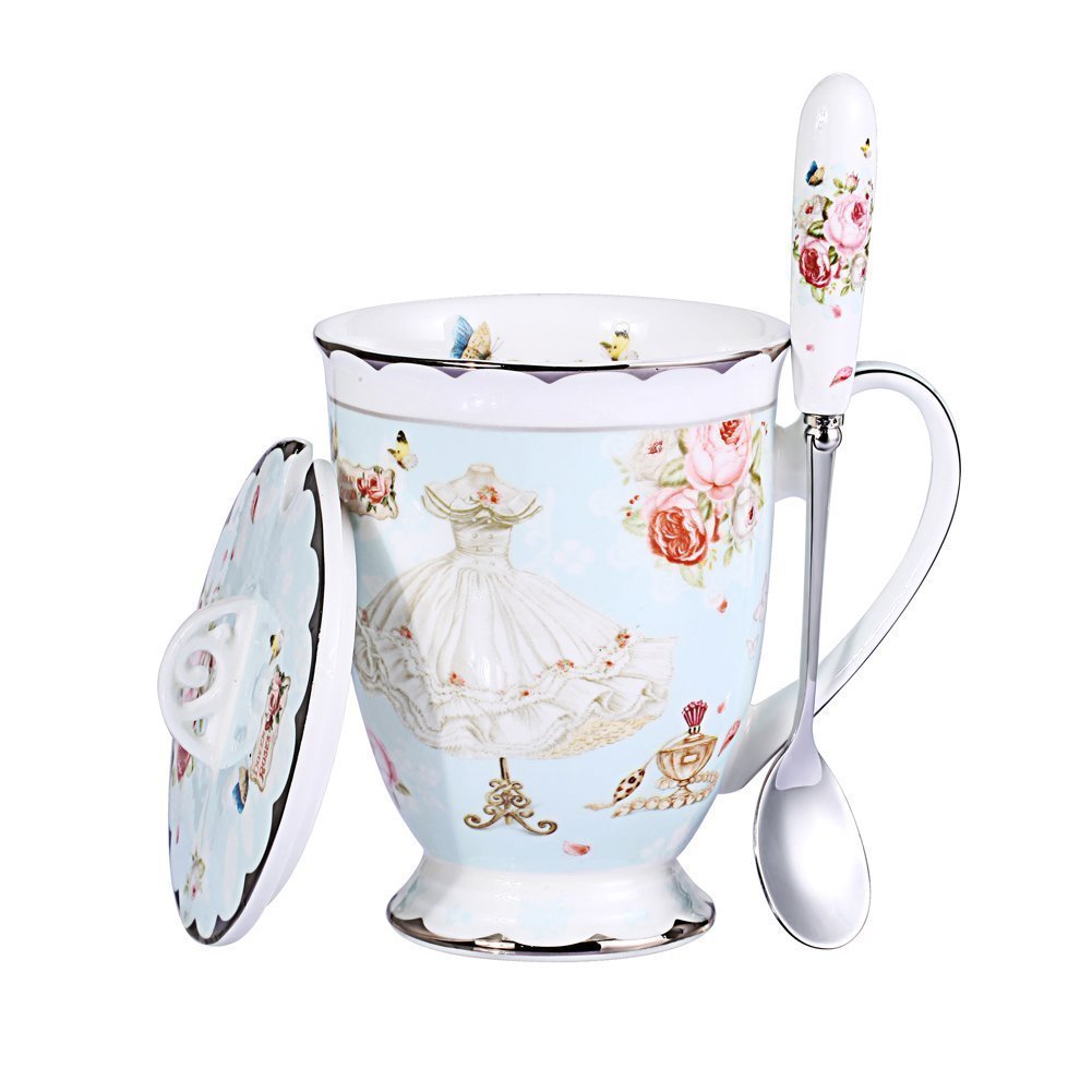 YBK Tech Euro Style Art Bone China Ceramic Tea Cup Coffee Mug with Lid for Breakfast Home Kitchen (Butterflies Pattern) (Blue)