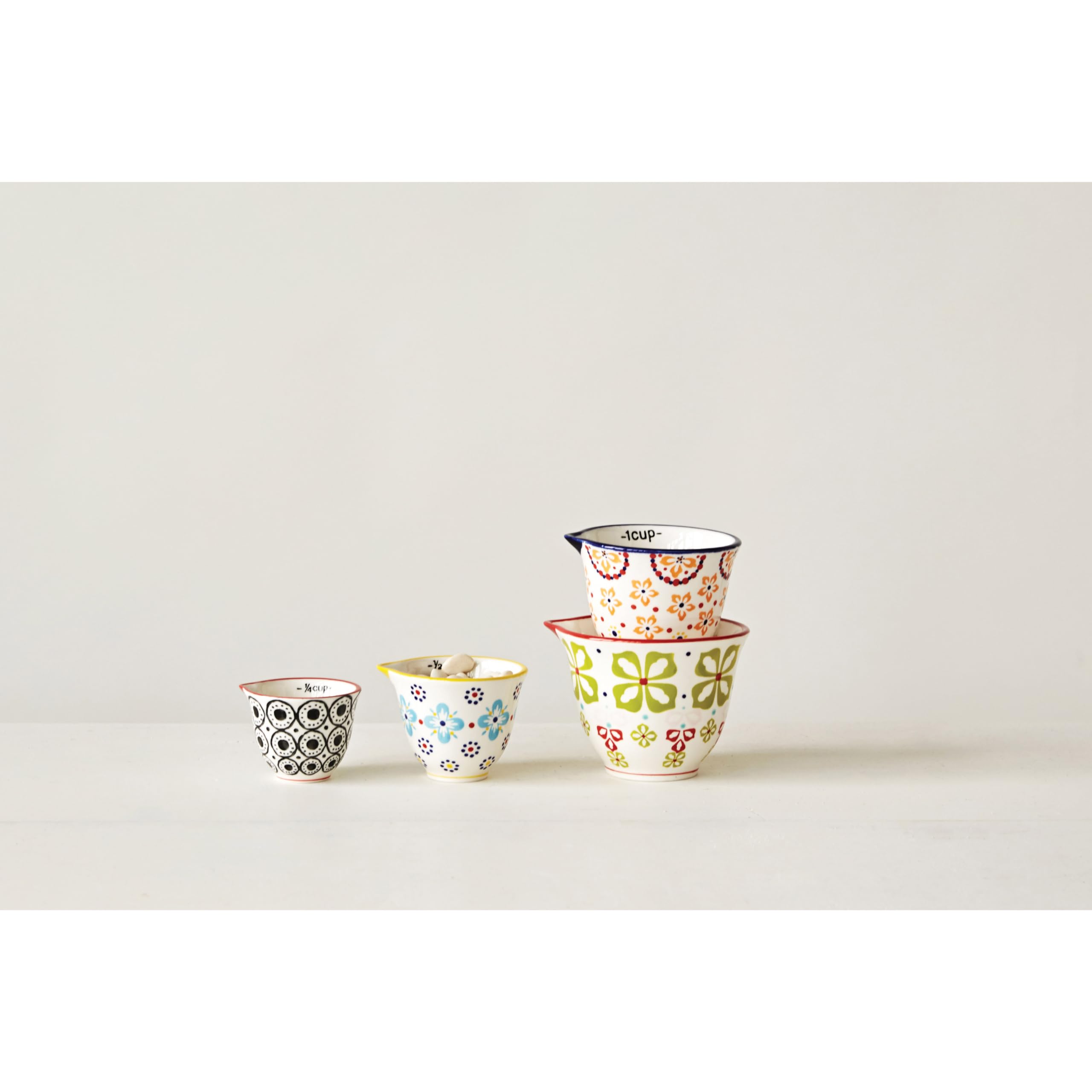 Creative Co-Op Floral Hand Stamped Stoneware Measuring Cups (Set Of 4 Sizes/Designs)