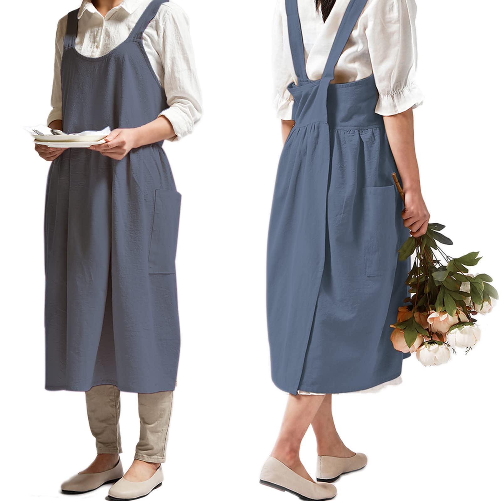 Newgem Cotton Linen Cross Back Apron For Women With Pockets Cute Japanese Korean Style Pinafore Dress Blue Grey