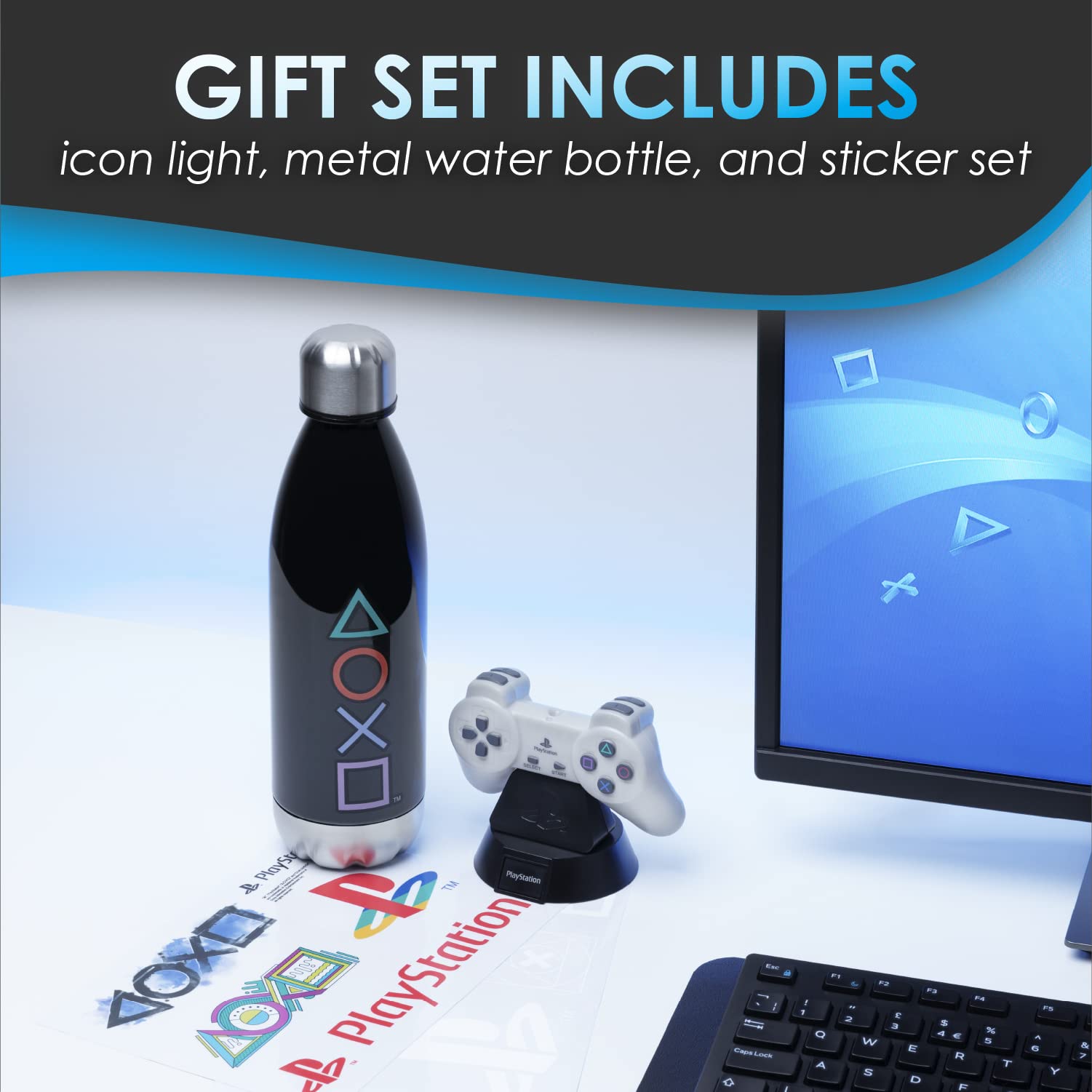 Paladone Playstation Gift Set With Icons Light, Stickers, And Bottle - Official Merchandise