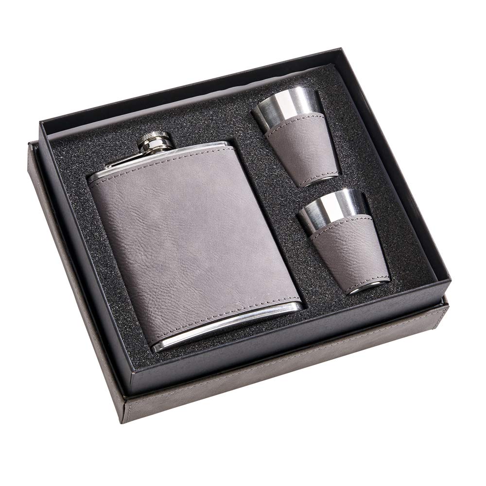 Leatherette Box/8 Oz Flask/2 Cups Grey