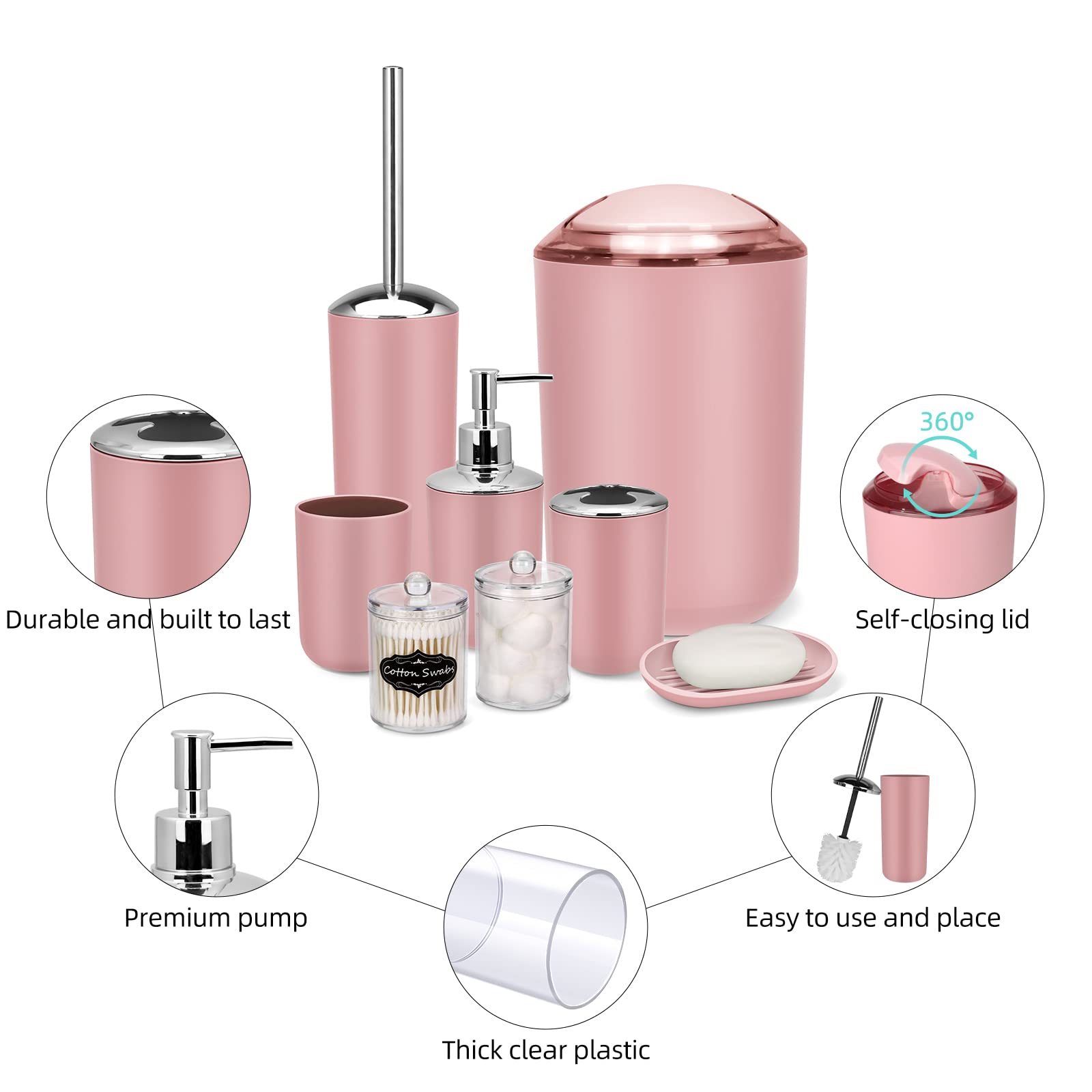 Imavo Bathroom Set - 9 Pcs Pink Bathroom Accessories Set With Trash Can,Tray,Soap Dispenser,Soap Dish, Toothbrush Holder,Toothbr