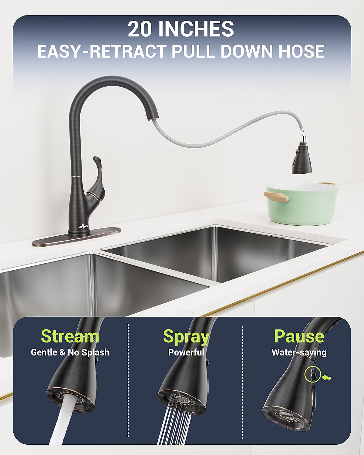Appaso Kitchen Faucet With Pull Down Sprayer Oil Rubbed Bronze, Single Handle High Arc Pull Out Spray Head Kitchen Sink Faucet W