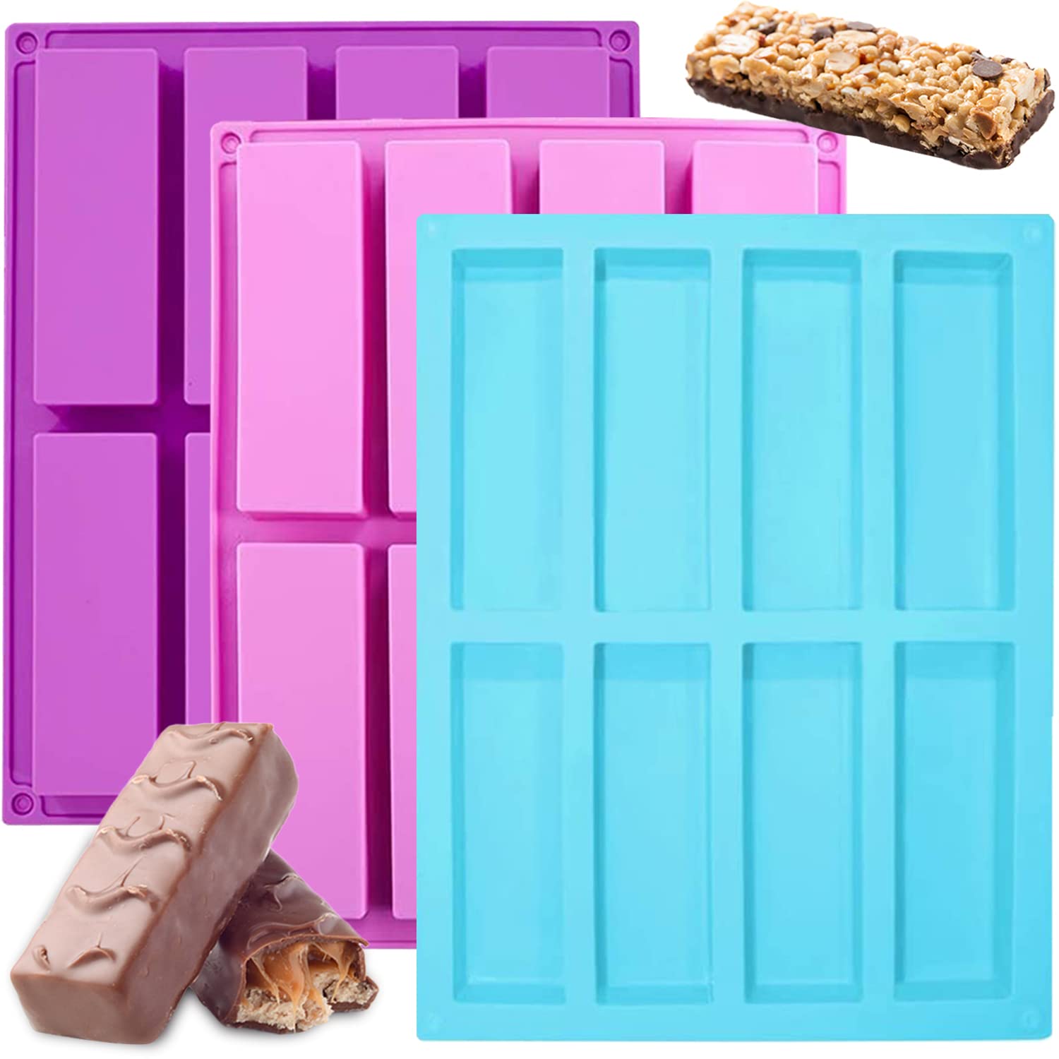 Silicone Chocolate Molds, Metluck 3 Pcs 8 Cavity Silicone Rectangle Molds Protein Bars Mold Energy Bars Candy Chocolate Molds Fo