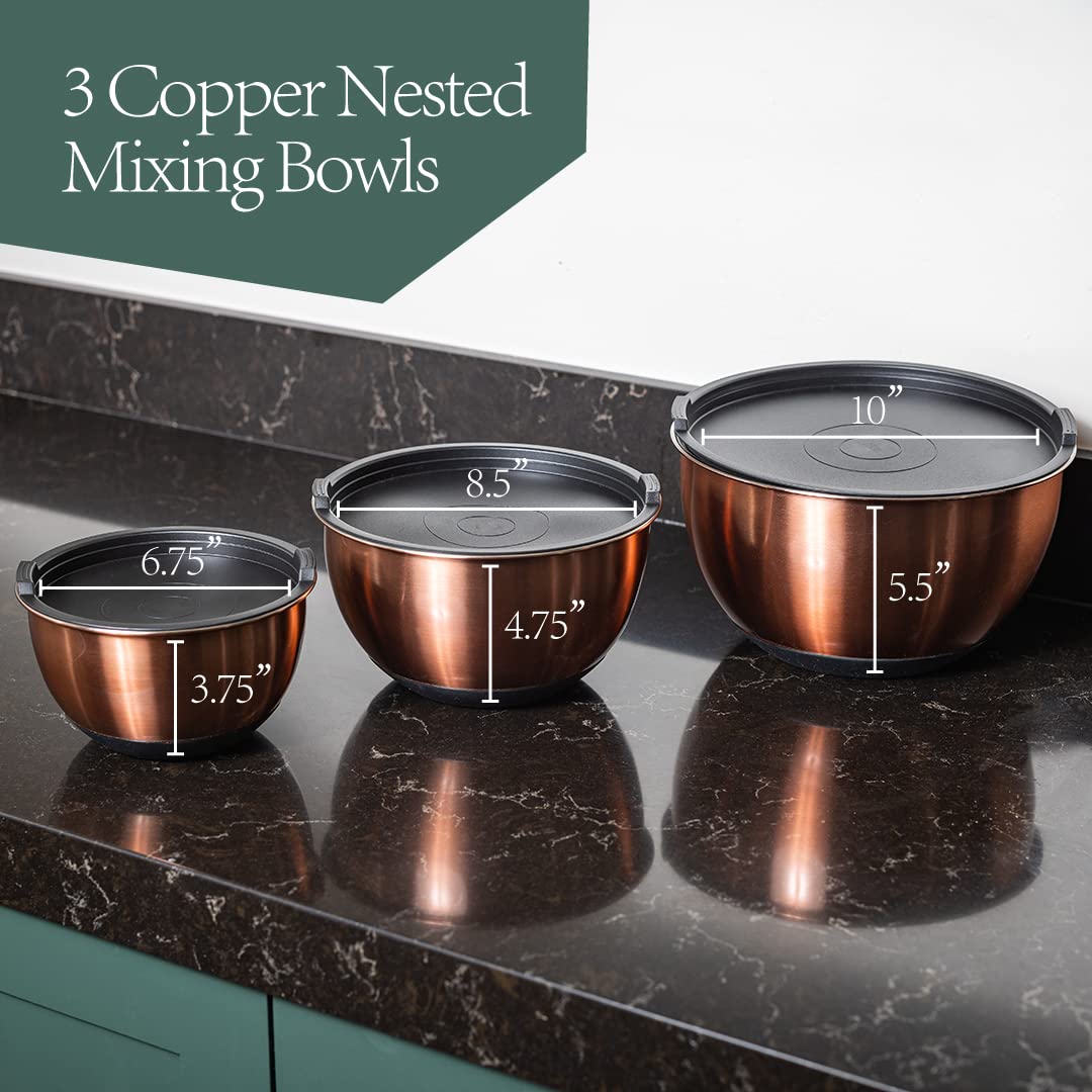 Samma Copper Mixing Bowls- Mixing Bowl Set With Stainless Steel Body- Copper With Black Silicone Bottom Mixing Bowl- Versatile K