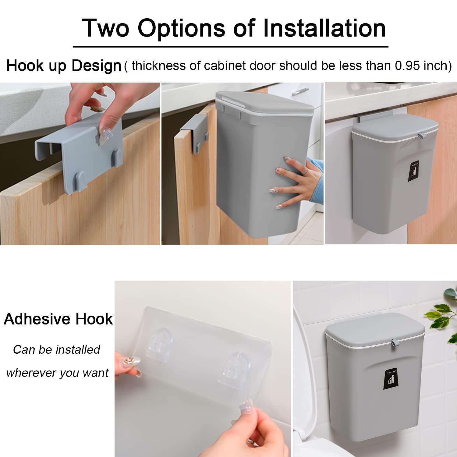 Tiyafuro 2.4 Gallon Kitchen Compost Bin for Counter Top or Under Sink  Hanging Small Trash Can with Lid for Cupboard/Bathroom/Bedroom/Office/Camping  Mountable Indoor Compost Bucket  Gray