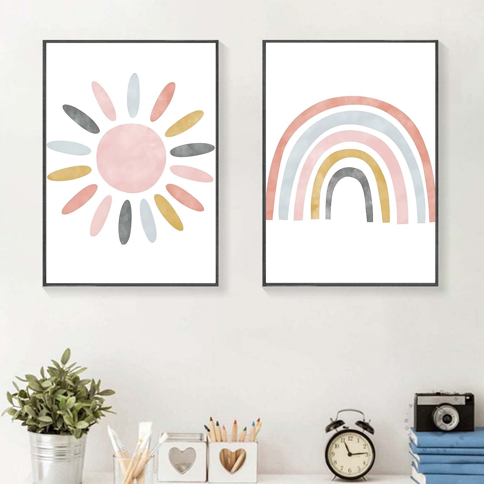 Recrtain Nursery Wall Prints Pink Sunshine Rainbow Cloud Canvas Wall Art, Child Wall Art Poster Boho Nordic Wall Pictures For Gi
