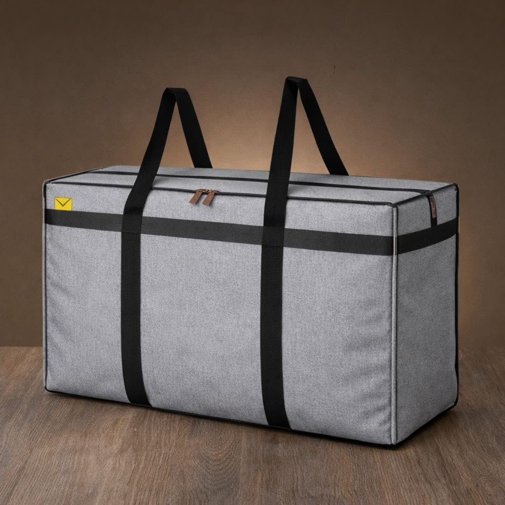 Extra Large Canvas Storage Bag, Grey, Foldable Organizer With Strong Handles & Zipper, 25X12X21 Inches, Multipurpose For Blanket