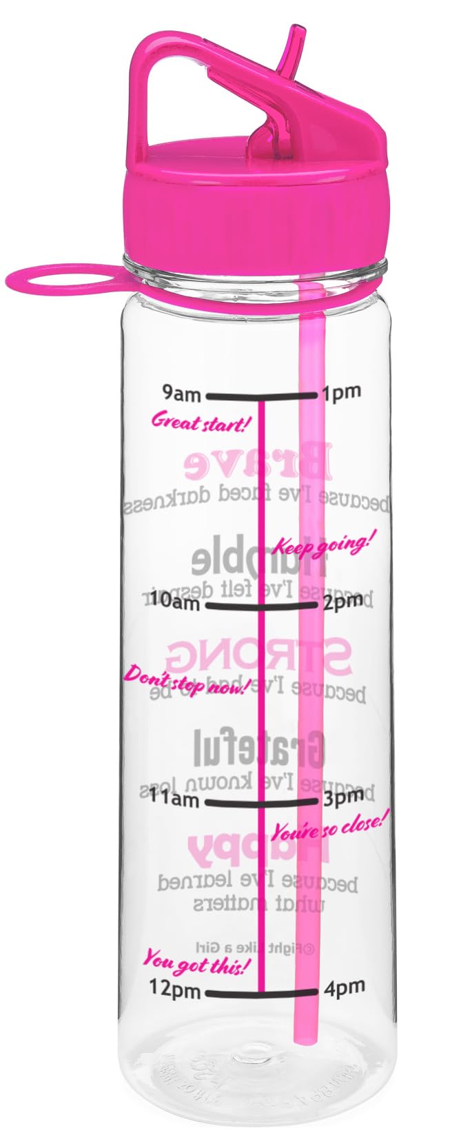 Fight Like A Girl Brave Slimkim 30 Oz Motivational Water Bottle With Time Marker & Straw For Breast Cancer Awareness - Reusable