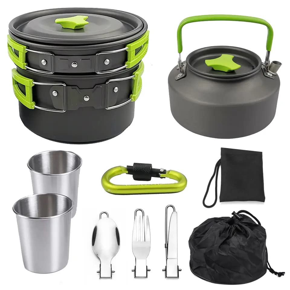Linist Camping Cooking Set Cookware Mess Kit Outdoor Utensils, Portable Trekking Cooking Accessories For Camping Carabiner, Spoo