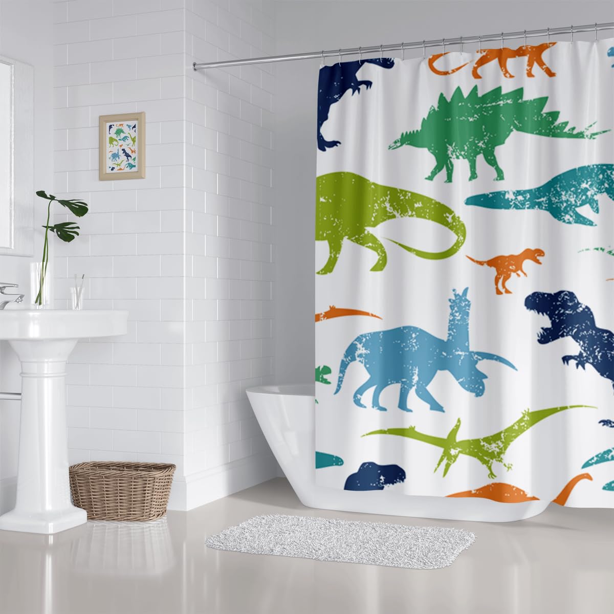 Zxmbf Dinosaur Shower Curtain Colorful Kid Cartoon Jurassic Children Dino Elasmosaurs Themed Bath Curtain Waterproof Fabric Bath