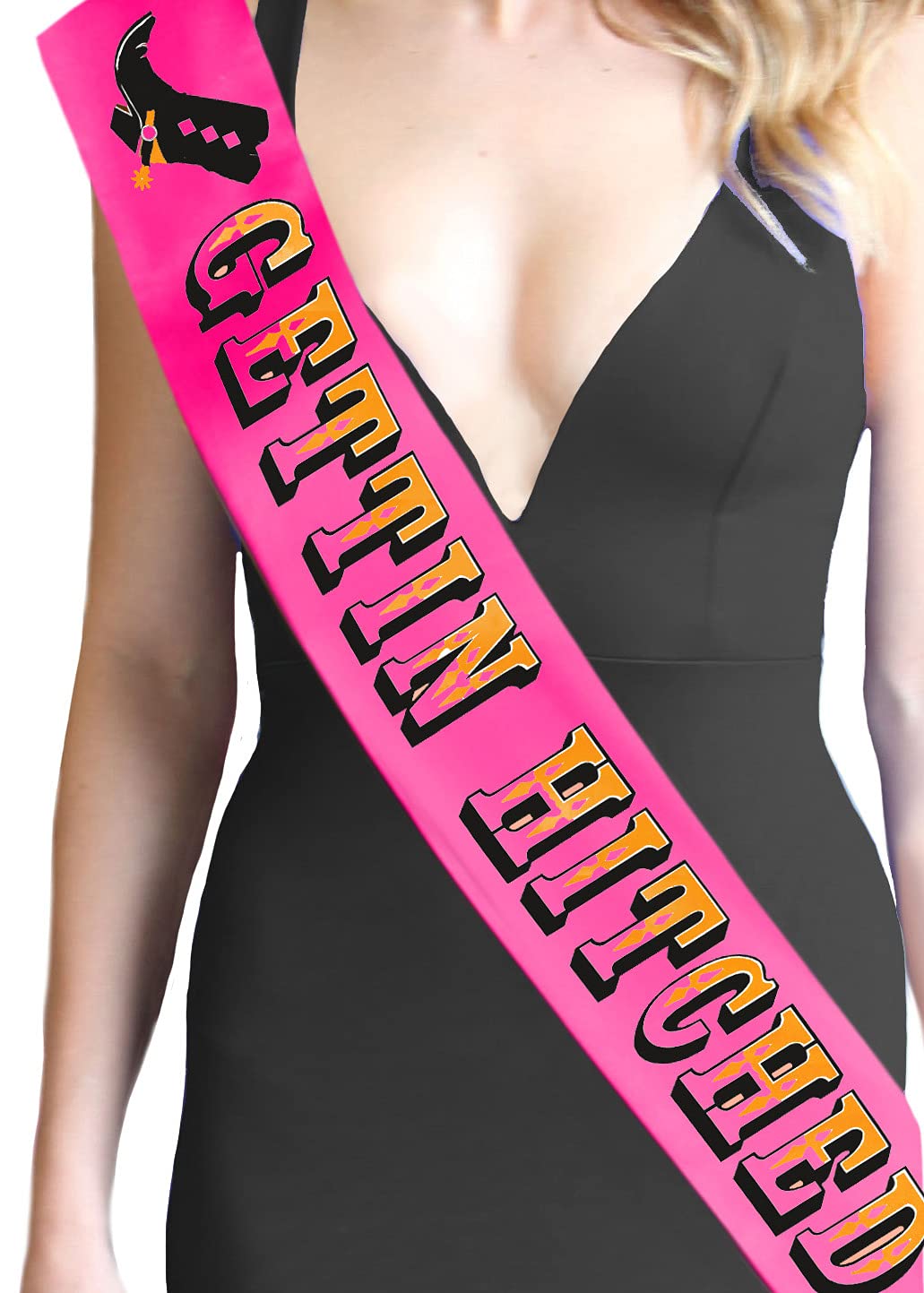 Country Bachelorette Sash - Bridal Grade Satin Bachelorette Party Cowgirl Sash - Gettin Hitched Shiny Gold Sash For Bride - Cowb