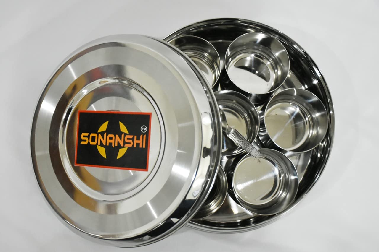 Sonanshi Stainless Steel Belly Shape Masala (Spice) Box/Dabba/Organiser With 7 Containers And 1 Small Spoon (Medium: 8 Inches Di