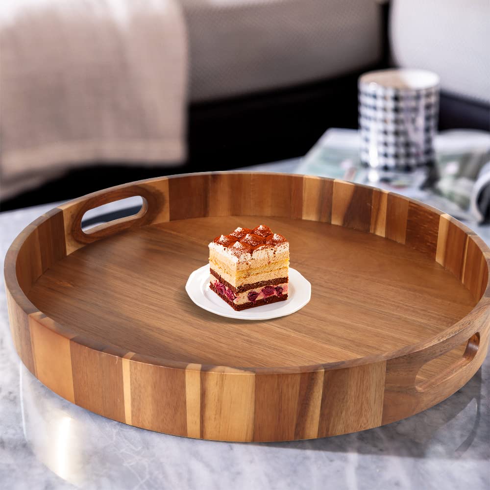 Round Wooden Serving Tray With Handles,20'' Large Diameter Wood Serving Trays For Ottoman,Rustic Acacia Wood Circle Tray For Eat
