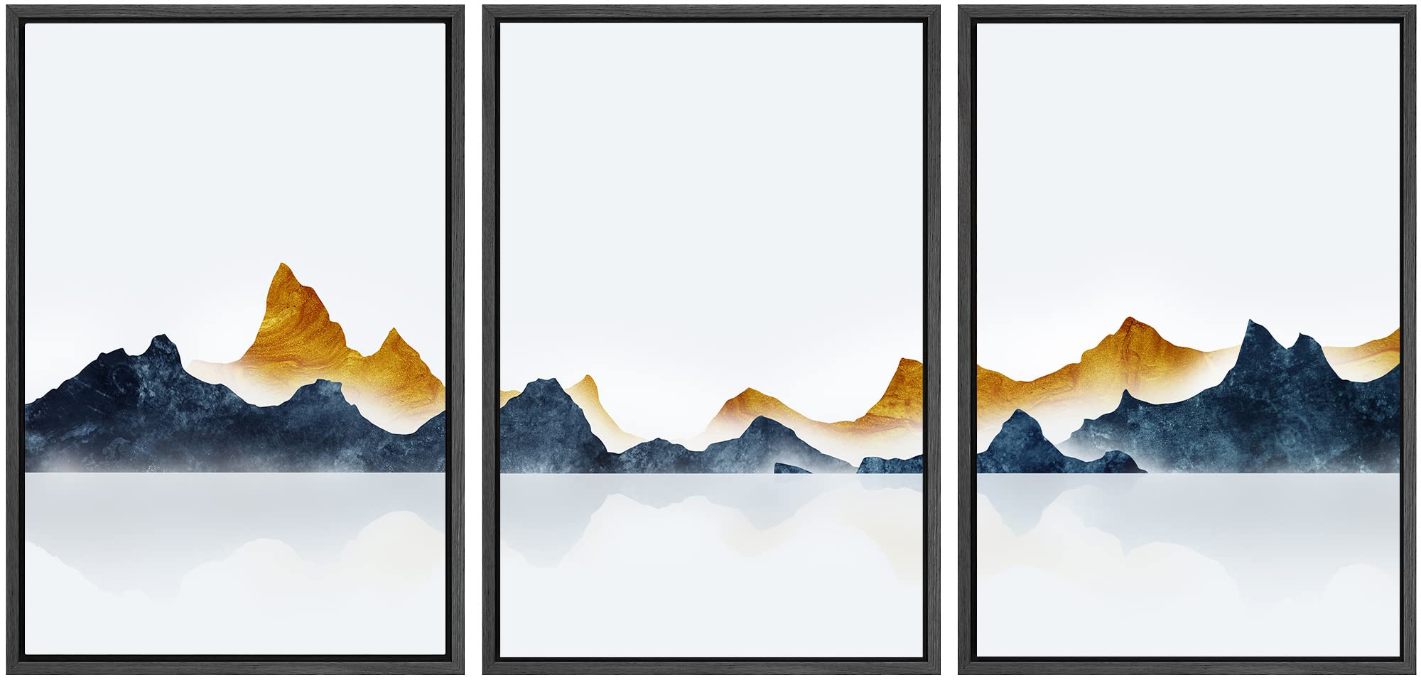 Signwin Framed Canvas Print Wall Art Set Gold Teal Duotone Mountain Ranges Nature Wilderness Illustrations Modern Art Decorative