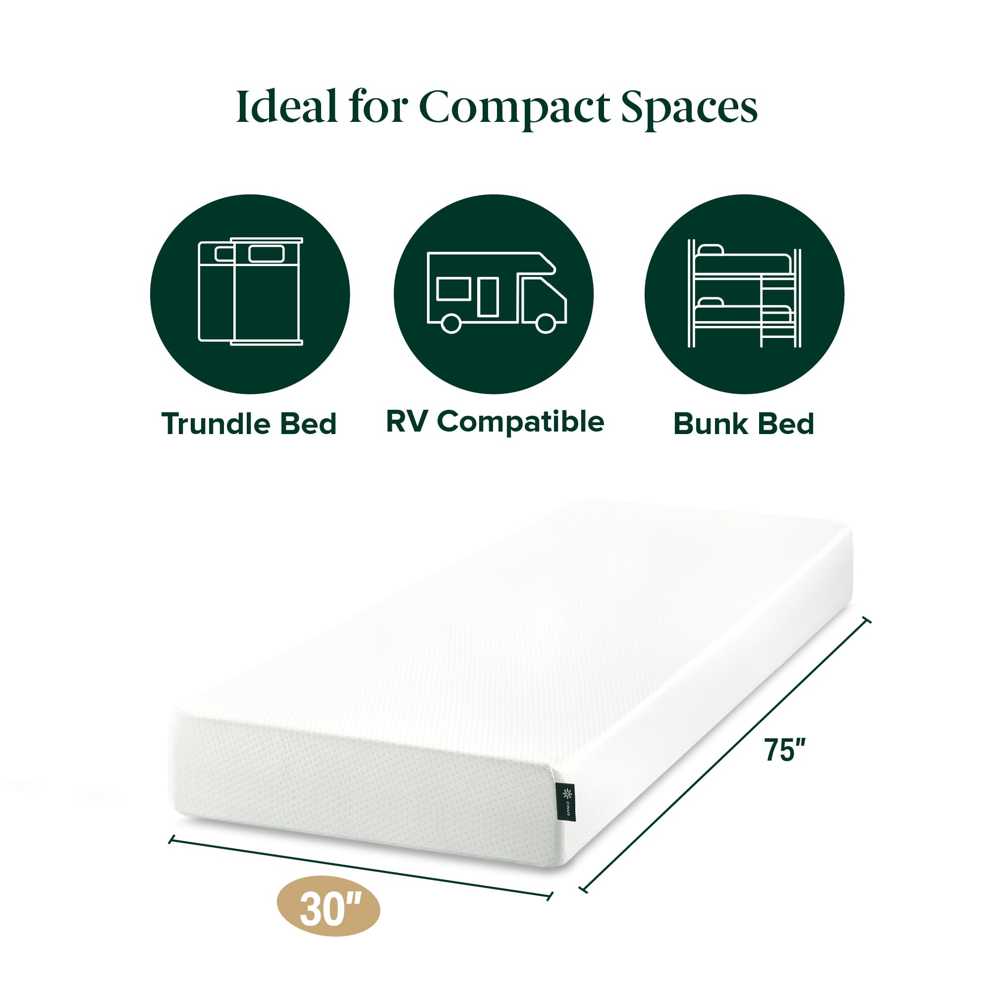 Zinus 6 Inch Green Tea Memory Foam Mattress, 75   X30'' (Slim Fit), Bunk Bed, Trundle Bed, Day Bed, Rv Compatible, Medium Firm,