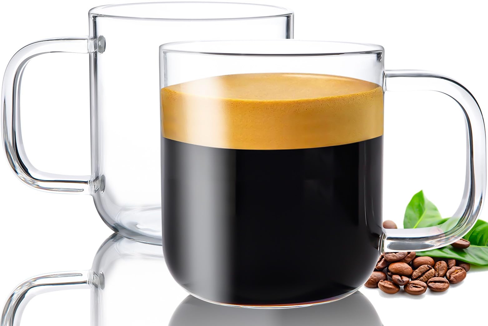 Aquach Glass Mugs 16 Oz Set Of 2, Large Clear Glass Cup With Handle For Hot/Cold Coffee Tea Beverage, Drinking Glasses