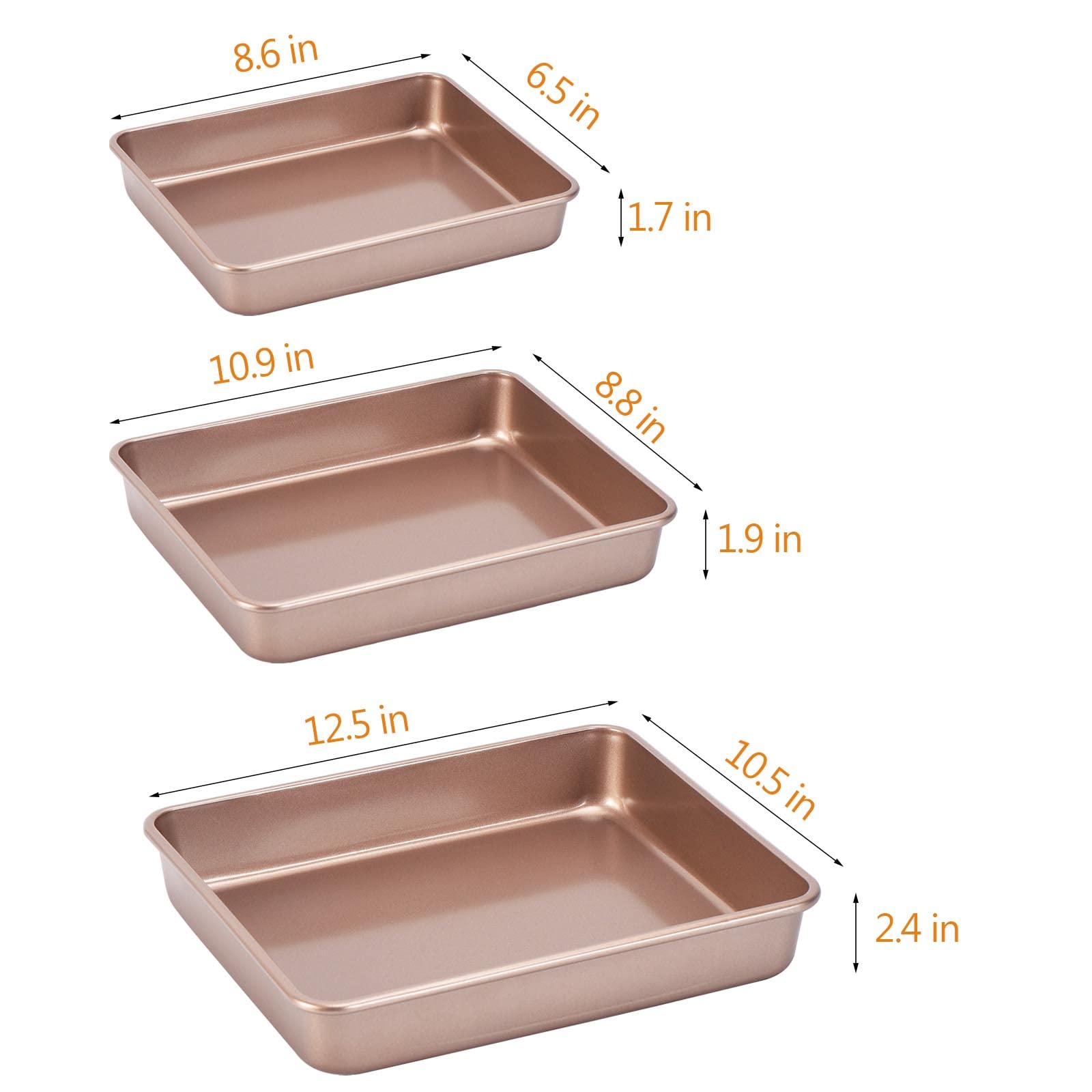 Camofoxin Nonstick Roasting Pan, Deep Baking Pan Set, Large Cake Pan Sets For Oven, 3-Piece Brownie Pan (Gold)